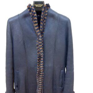Maximilian Blue Shearling Lambskin Coat, Nappa finish with Mink “checkered” Trim